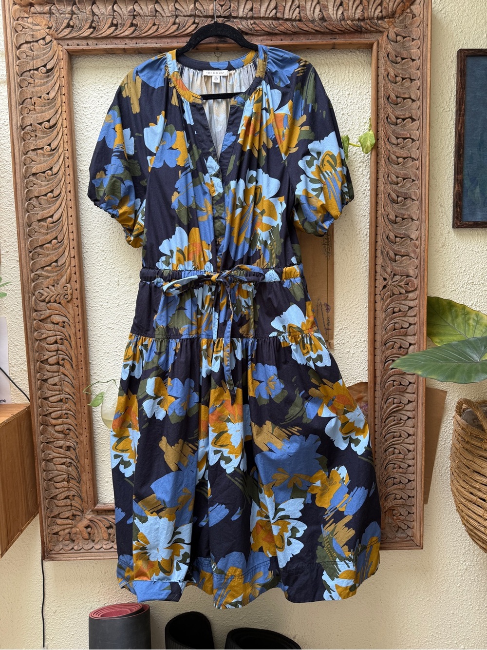 Black Floral Tie-Waist Midi Dress with Blue and Mustard Prints